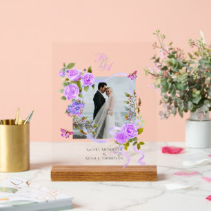 Purple Rose Ribbon Monogram Photo Wedding Acrylic Sign