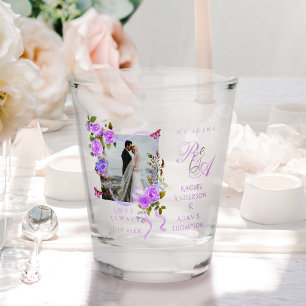 Purple Rose Ribbon Monogram Photo Wedding Shot Glass