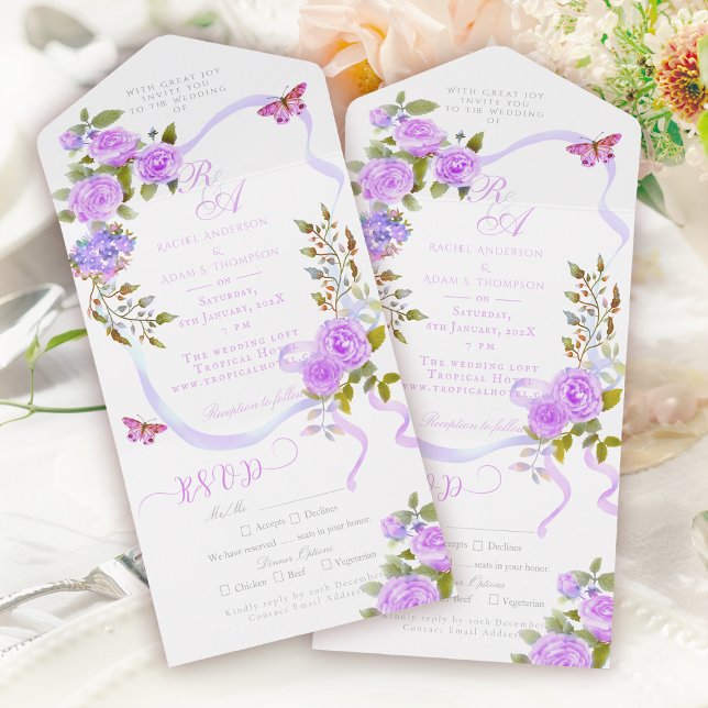 Purple Rose Ribbon Monogram Wedding Invitation (Purple  Rose Ribbon Monogram Wedding Invitation)