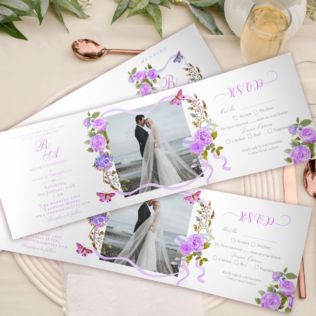 Purple Rose Ribbon Monogram Wedding Invitation (Elegant Rose Ribbon Monogram Photo Invitation Card.)