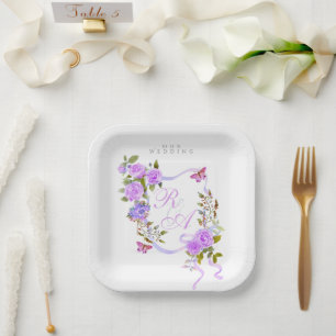 Purple Rose Ribbon Wedding Paper Plate
