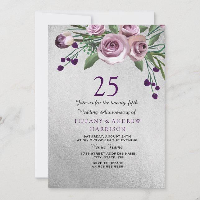 Purple Rose Silver 25th Wedding Anniversary Invite (Front)