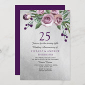 Purple Rose Silver 25th Wedding Anniversary Invite (Front/Back)