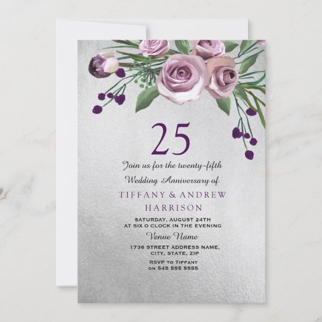 Purple Rose Silver 25th Wedding Anniversary Invite (Front)