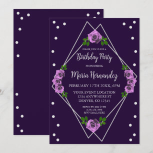 Purple Rose Silver Geometric Birthday Invitation