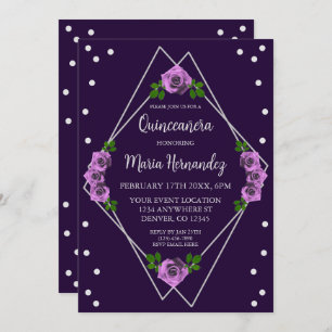 Purple Rose Silver Geometric Quinceañera Invitation