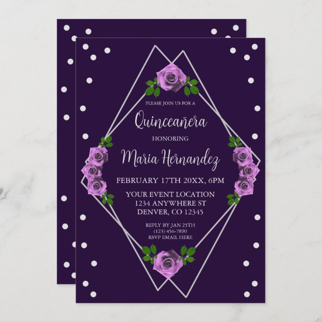 Purple Rose Silver Geometric Quinceañera Invitation (Front/Back)