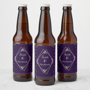 Purple Rose Silver Geometric Sweet 16 Beer Bottle Label