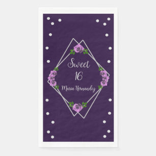 Purple Rose Silver Geometric Sweet 16 Napkin