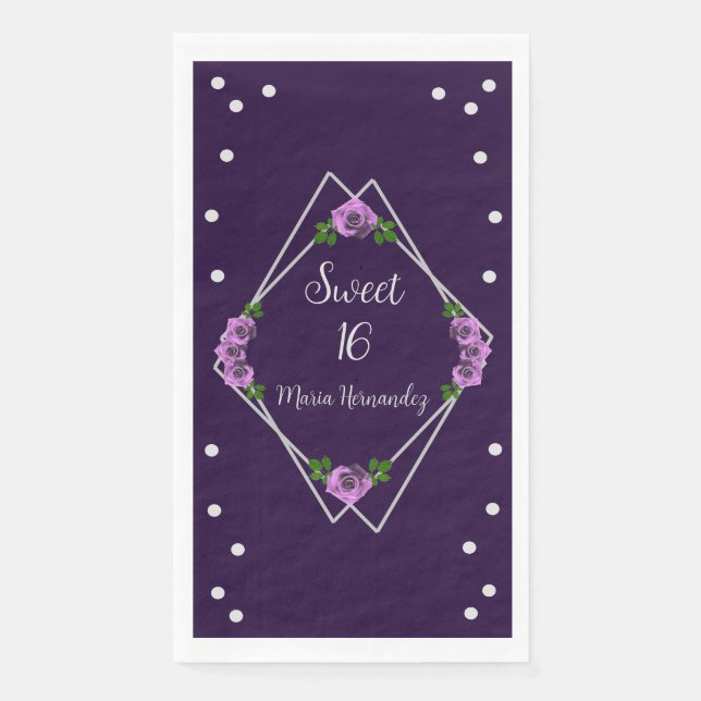 Purple Rose Silver Geometric Sweet 16 Napkin (Front)