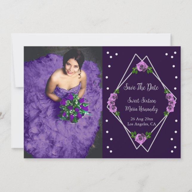Purple Rose Silver Geometric Sweet 16 Save The Date (Front)