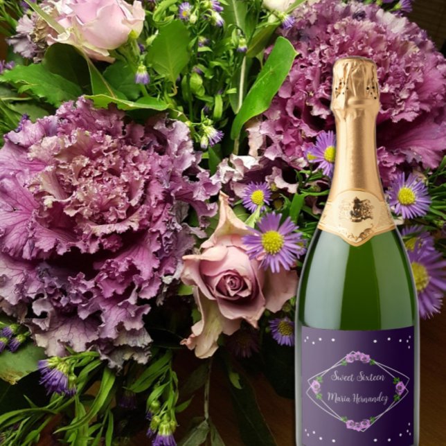 Purple Rose Silver Geometric Sweet 16 Sparkling Wine Label (Creator Uploaded)
