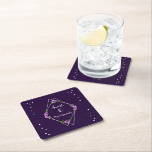 Purple Rose Silver Geometric Sweet 16 Square Paper Coaster