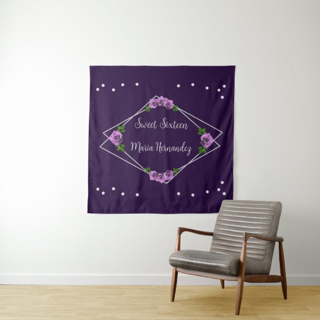 Purple Rose Silver Geometric Sweet 16 Tapestry (In Situ (Horizontal))