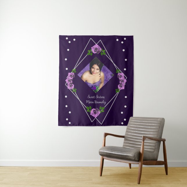 Purple Rose Silver Geometric Sweet 16 Tapestry (In Situ)