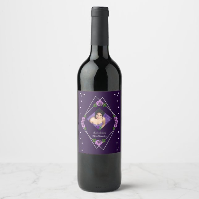 Purple Rose Silver Geometric Sweet 16 Wine Label (Front)