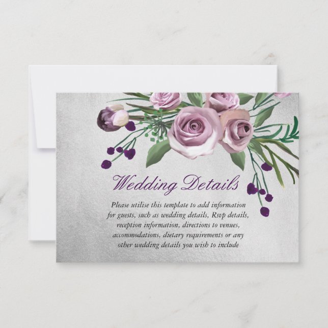Purple Rose Silver Wedding Reception details Invitation (Front)