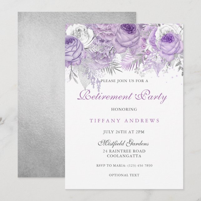 Purple Rose Silver Wonderland Retirement Party Invitation (Front/Back)