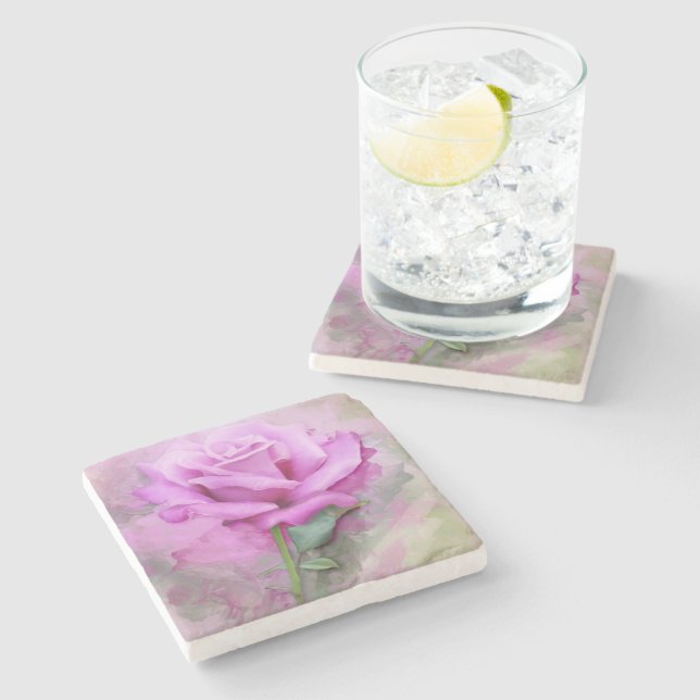   Purple Rose Watercolor Floral Stone Coaster (Side)