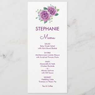Purple Rose Watercolor Guest Name Wedding Menu
