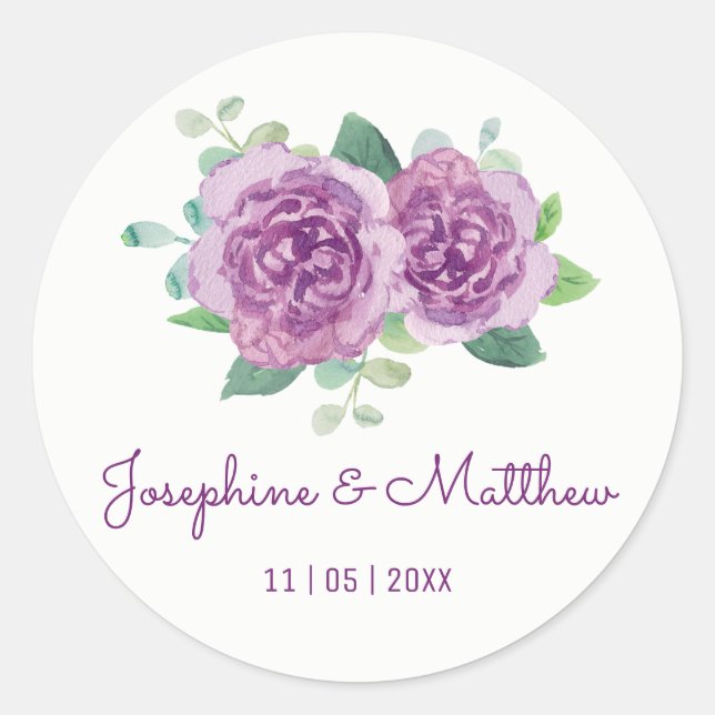 Purple Rose Watercolor Wedding Stickers (Front)