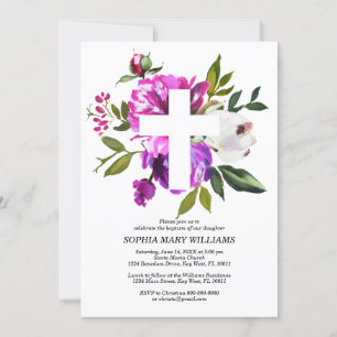 Purple Rose & White Cross Girl Baptism Invitation