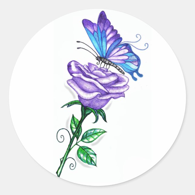 Purple Rose with Butterfly Classic Round Sticker (Front)