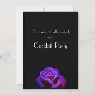 Purple Rose With Droplets on Black Cocktail Party Invitation