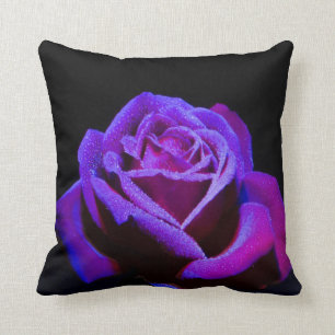 Purple Rose With Water Drops on Black Background Cushion