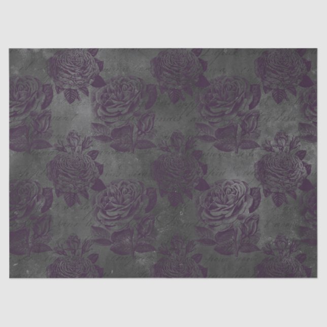 Purple Roses and Black Script on Grey Decoupage Tissue Paper (Front)