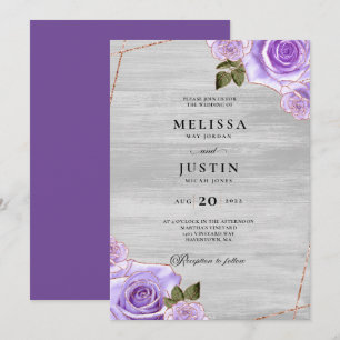 Purple Roses and Glitter wood Wedding Invitation