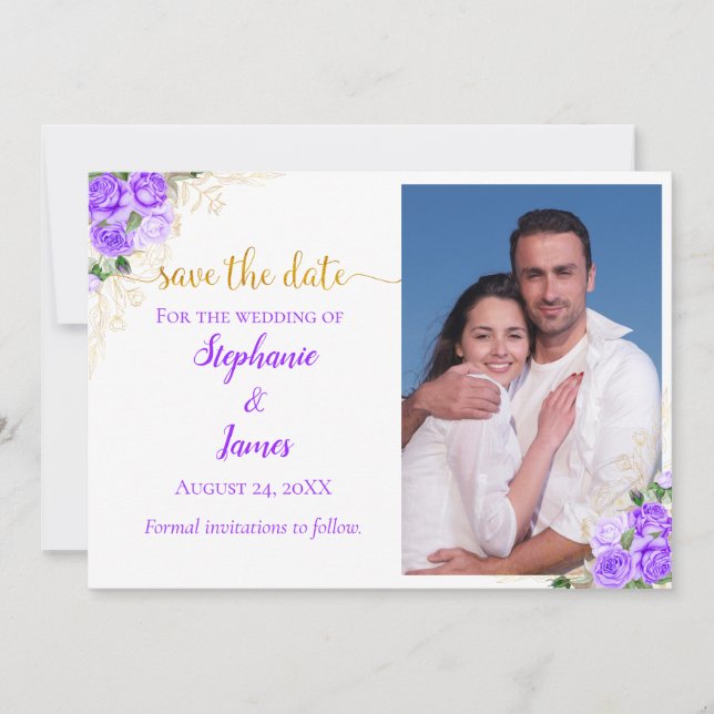 Purple Roses and Gold Floral Photo Wedding Save The Date (Front)