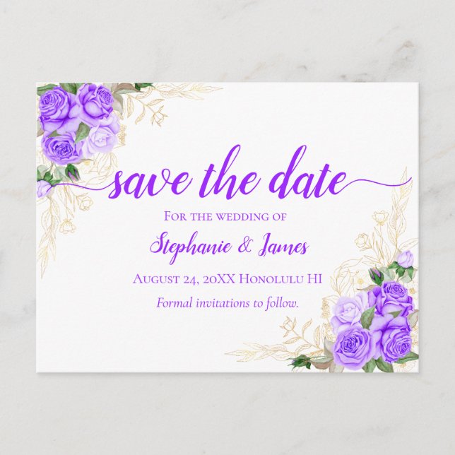 Purple Roses and Gold Floral Wedding Announcement Postcard (Front)