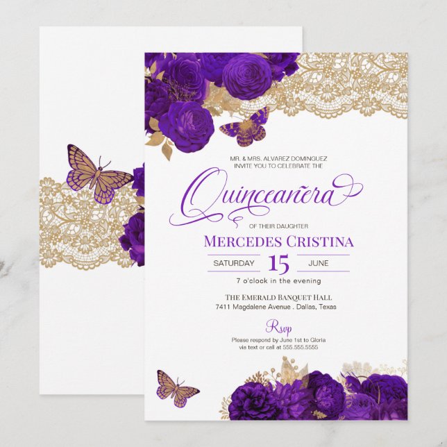Purple Roses and Lace Butterfly Quinceañera Invita Invitation (Front/Back)