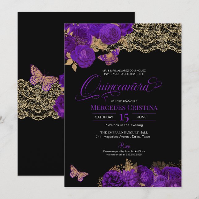 Purple Roses and Lace Butterfly Quinceañera Invitation (Front/Back)