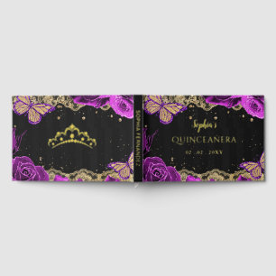 Purple Roses Black Gold Lace Butterfly Quinceañera Guest Book