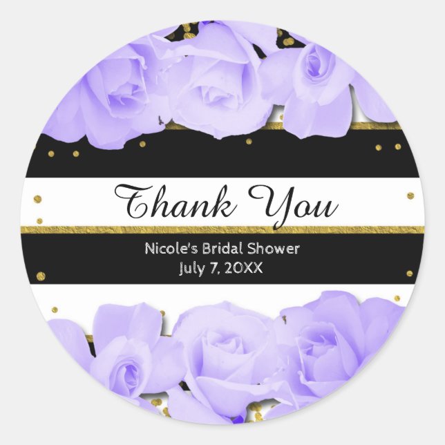 Purple Roses Black Stripes & Gold Bridal Shower Classic Round Sticker (Front)