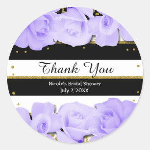 Purple Roses Black Stripes & Gold Bridal Shower Classic Round Sticker