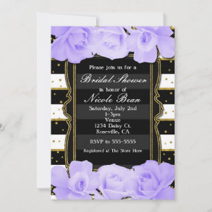 Purple Roses Black Stripes & Gold Bridal Shower Invitation