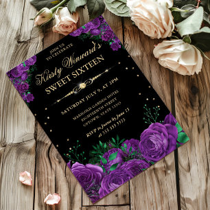 Purple Roses Border Floral Sweet Sixteen Invitation