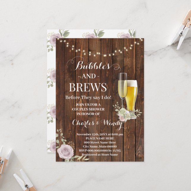 Purple Roses Bubble & Brews Couples Shower Invitation (Front/Back In Situ)