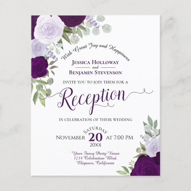 Purple Roses Budget Wedding Reception Invitation (Front)