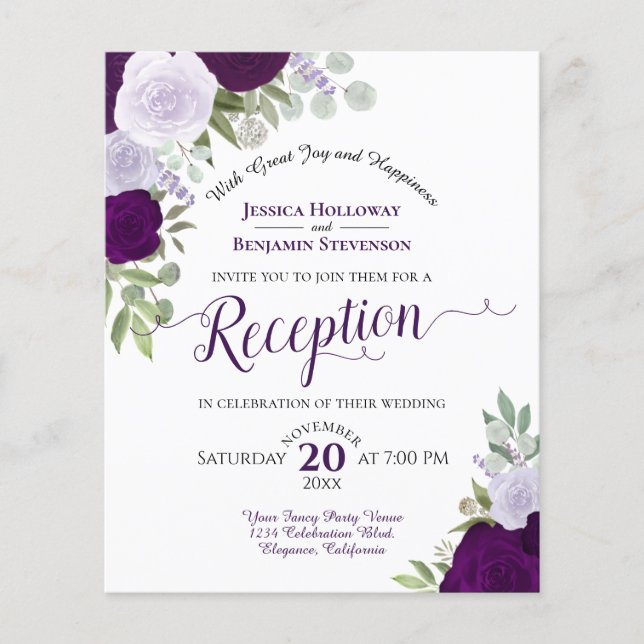 Purple Roses Budget Wedding Reception Invitation (Front)