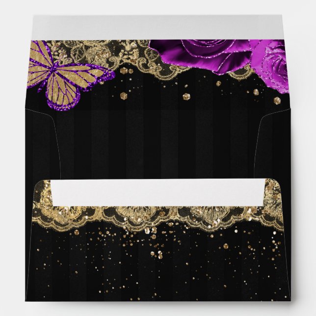 Purple Roses Butterfly Black Gold Lace Envelope (Back (Bottom))