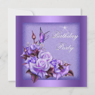 Purple Roses Butterfly Floral Birthday Party 2 Invitation