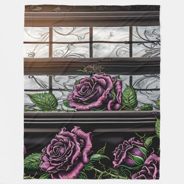 Purple roses by the window - gothic style fleece blanket (Front)