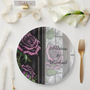 Purple roses by the window - gothic style paper plate