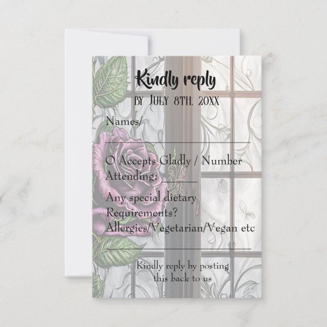 Purple roses by the window - gothic style RSVP card (Front)