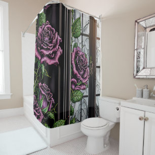 Purple roses by the window - gothic style shower curtain