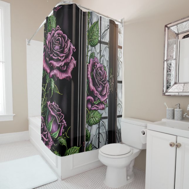Purple roses by the window - gothic style shower curtain (In Situ)